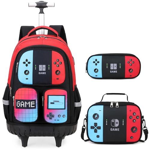 Rolling Backpack for Boys, 3 PCS Gamer Boy Backpack Set with Lunc...