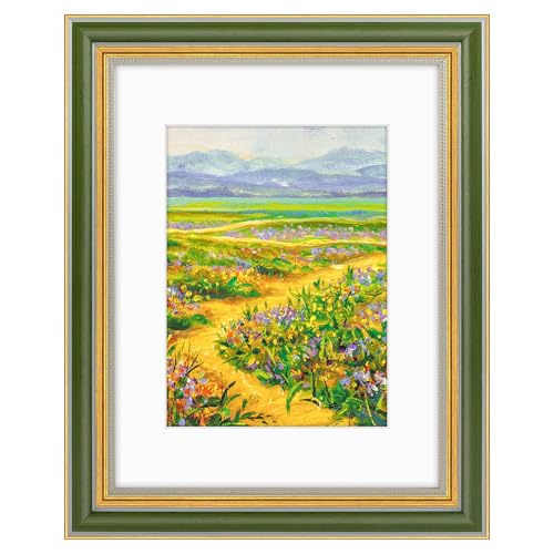 Image of Golden State Art,8.5x11 Ornate Picture Frame Holds 6x8 Photo,Green Gold | Includes easel back,HD plexiglass,white mat,build-in hangers.8.5x11 Decorative photo frame matted to 6x8.Desktop /wall mount