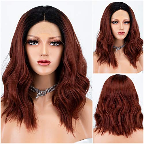 Persephone Copper Red Lace Front Wig Ombre Guleless 2 Tones Wavy Auburn Wig Body Wave Bob Synthetic Wigs for Women