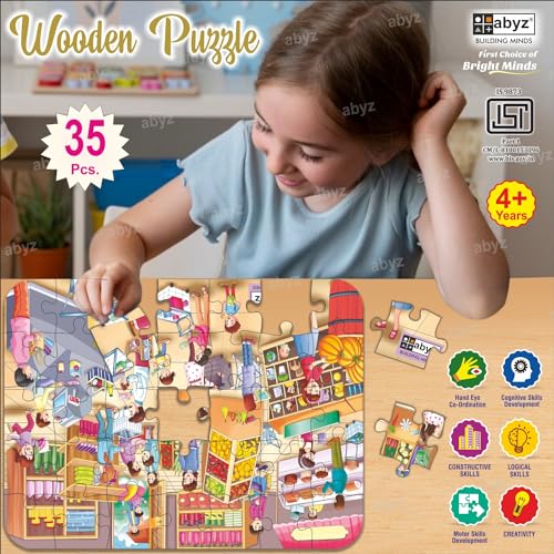 Image of ABYZ Wooden Jigsaw Puzzle - Super Market Playset for Fun Educational & Little Explorers, 35-Pieces Fun Games with Multicolor | Birthday Gift for (4-6 Years) Age Kids.