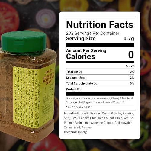 Image of John's Steak and Seasoning Spice, Original Flavor Steak Seasoning for Grilling, Pork Chops, Steaks, Burgers, Chicken, Seafood, Potatoes, and More, Gluten-Free, MSG-Free, Idaho-Made, 20 oz