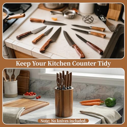 Ninonly Universal Knife Block Holder, Round Wooden Countertop Knife Block Without Knives, Acacia Wood Knife Storage for Kitchen Steak Knives, Scissors & Sharpening Rod