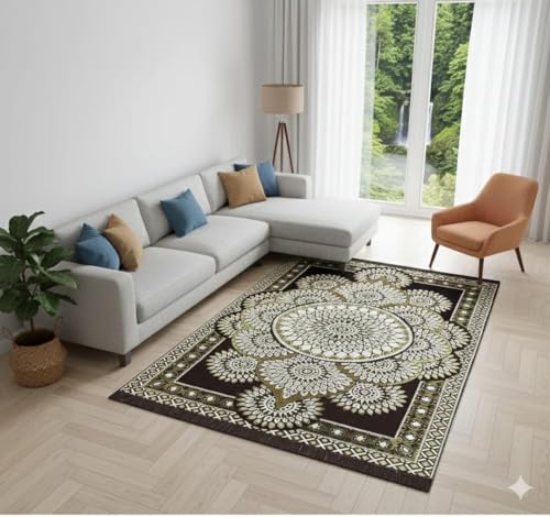 Image of Traditional Cotton Carpet 5x7 Feet Soft & Superfine Velvet Rug for Living Room, Hall & Bedroom | Designer Carpet /Area Rug Dari | Trendy & Durable Kalin Reactangular (Coffee)