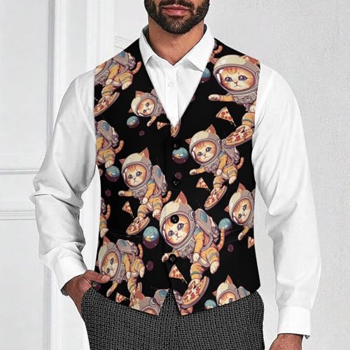 Funny Cat Flying A Pizza Astronaut Men's Suit Vests Business Formal Dress V-Neck Waistcoat Tops with 2 Pockets2