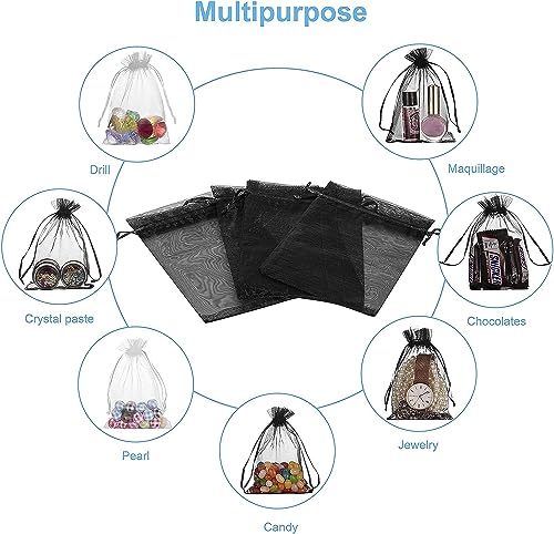 HongyiTime 100PCS Premium Sheer Organza Bags, Black Wedding Favor Bags with Drawstring, 4x6 inches Jewelry Gift Bags for Party, Festival, Makeup Organza Favor Bags,net gift bags,drawstring goody bags4