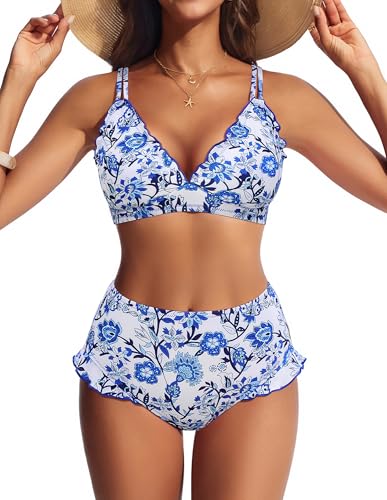 Hanna Nikole Women High Waisted Bikini Sets Ruffle 2 Piece Bathing Suit 2026 Sexy Retro Swimsuits Beachwear Blue Floral XL