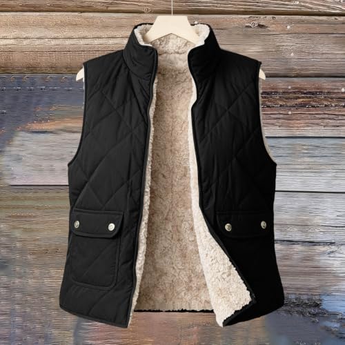 Womens Sherpa Lined Vest Lapel Collar Full Zip Diamond Quilted Jacket - image 6