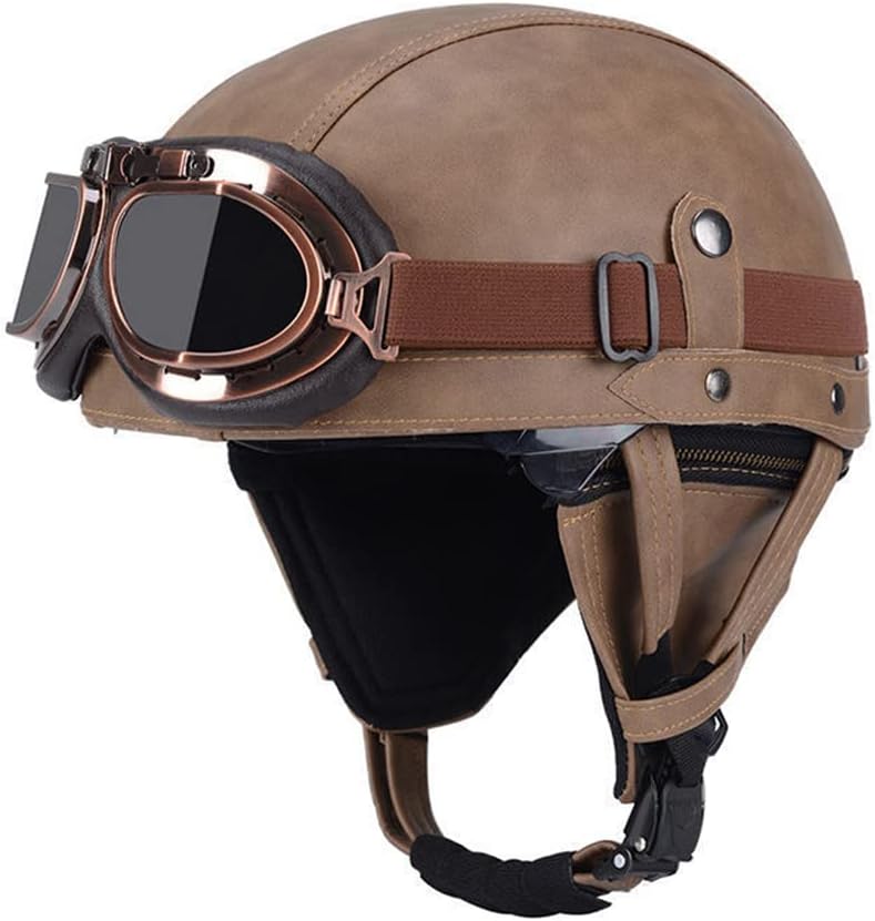 German Style Leather Motorcycle Half Helmet for Men Women, DOT Approved Vintage Half Face Helmet with Goggles and Hidden Sun Visor, Half Shell Helmet for Moped Cruiser Scooter Chopper