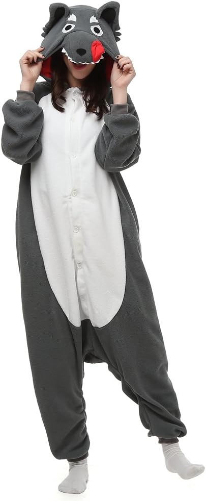 OLadydress Unisex Wolf Cosplay Pyjamas, Animal Costums Onesie for Adult Women Men