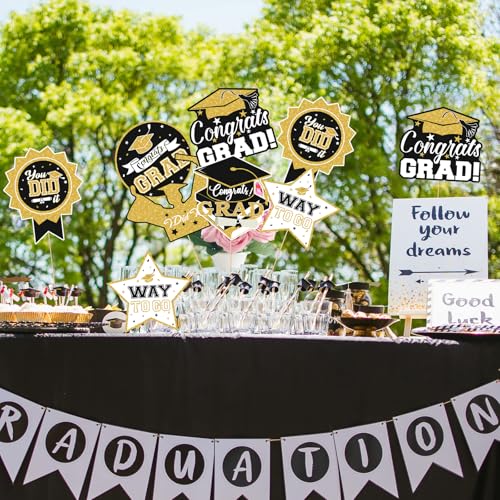 Image of 2026 Graduation Party Decorations - 24 Pcs Class of 2026 Congrats Grad Table Centerpieces Graduation Table Decorations Sticks Table Toppers for Graduation Party (Black Gold)