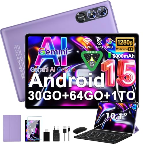 Android 15 Tablette 10 Pouces avec Gemini AI, Octa-Core Tablettes PC, 30 GO RAM+ 64 GO ROM (1TO TF), 3.5mm Audio/ WiFi 6 & BT 5.0 / 6000mAh /GPS/Widevine L1,Tablettes avec Clavier+Souris et Cas-violet