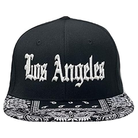 BH Fashion Company Los Angeles LA Embroidered Flat Bill Old English Bandana Snapback Hat (Black/Black) Cover