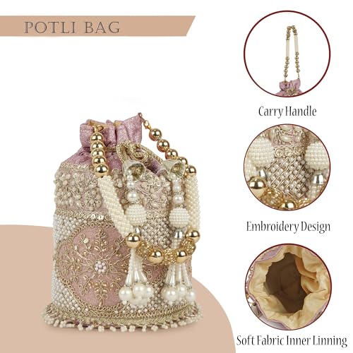 Image of Nevis Silk Fabric Luxury Pearl Embroidered Potli Bag for Women | Bridal Ethnic Drawstring Clutch with Beaded Handle Wedding | Potli Bag