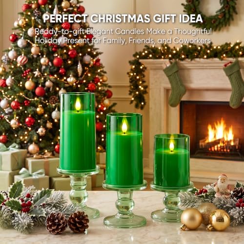 Image of Raycare Battery Operated Flameless Pillar Candles with Remote Timer, Green | LED Acrylic Candle with Festive Glow for Christmas Trees, Holiday Tables, Seasonal Parties, Family Gathering Gift, Set of 3