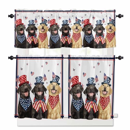 4th of July Kitchen Curtains 24 Inch Length,3 Piece Rod Pocket Small Half Tiers and Valance Set,Independence Day Black Yellow Dogs American Flag Small Large Window Treatment Decor for Bathroom