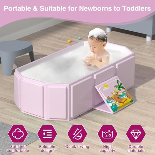 Image of Portable Folding Baby Bath Tub, 29.5L x 17.7W x 9.8H inches, Suitable for 0-6 Years, Pink /Mint Green (Pink)