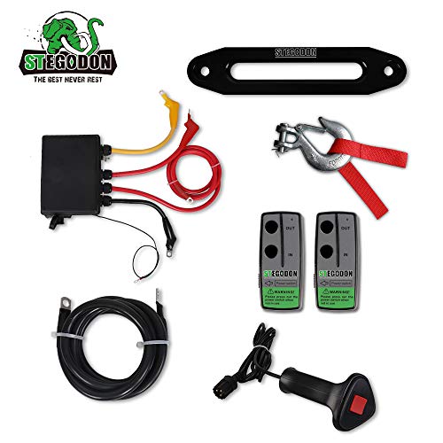 STEGODON New 13000 lb. Load Capacity Electric Winch,12V Synthetic Rope Electric Winch with Hawse Fairlead,Waterproof IP67 Winch with Wireless Handheld Remotes and Wired Handle(All Black) - Thumbnail 5