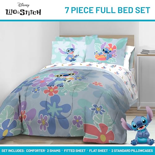 Image of Disney Lilo and Stitch Full Size Comforter Set 7 Piece Kids Bedding, Multi | Bed in a Bag, Comforter Sheets Shams Pillowcases, Official Product, Soft Microfiber, Machine Washable, Girls Gift
