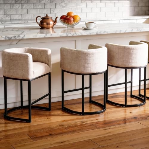 Image of 26 inch Counter Height Bar Stools Set of 2, Linen Fabric Upholstered Barrel Chairs with Back and Arms, Metal Frame Kitchen Island Stools with Footrest, Linen Fabric