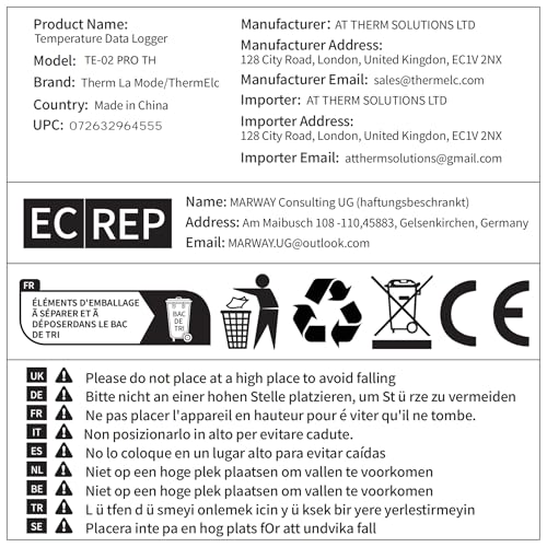 ThermElc TE-02 Pro TH Datenlogger Temperatur Luftfeuchtigkeit mit Automatischen CSV&PDF Berichten, Vergleich von Daten Mehrerer Geräte, Überwachung von Kühl&Tiefkühl Lagern mit Kalibrierungszertifikat