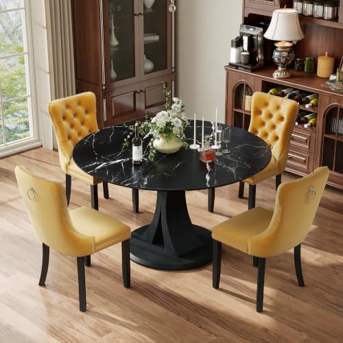 Image of 5-Piece Dining Table Set for 4 with 47 In Black Faux Marble Round Table | Circle Dining Room Table with 4 Velvet Upholstered Chairs, Modern Scandinavian Furniture for Dining Room Kitchen (Yellow)