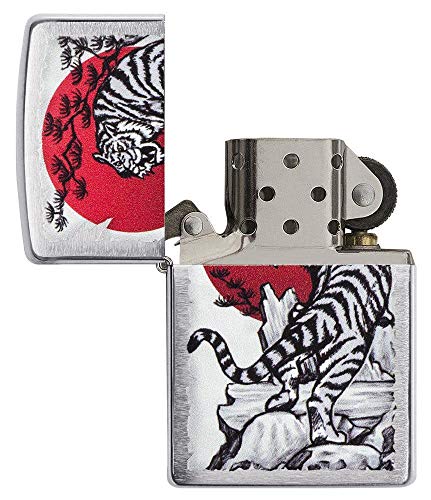Miniatura 4 de Zippo Mechero resistente al viento, diseño de tigre japonés, cromo cepillado, imagen en color, recargable, uso de por vida, llama ajustable, caja de regalo, construcción de metal, fabricado en Estados