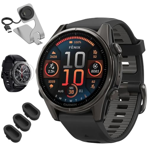 Garmin 010-02903-20 Fenix 8 43 mm, AMOLED, Sapphire,Carbon Gray DLC Titanium w/Black Silicone Band Bundle with Deco Essentials Charging Dock, 3X Silicone Dust Cover and Glass Screen Protector