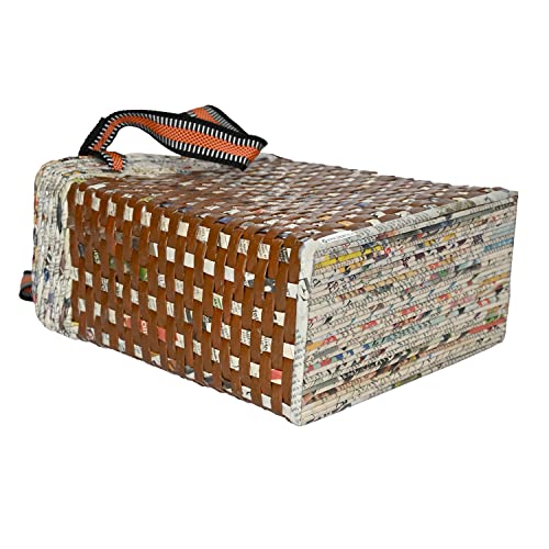 Image of PAPERUS Re-usable Small Brown Check Carry Bag | Shopping Bag | Handbag | Tiffin Basket | Lunch Bag, Eco-Friendly Handmade of Paper Ropes 11 in Tall 10 in Length 5 in Wide Base