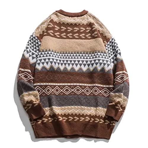 PEHMEA Men's Vintage Striped Sweater Oversized Knitted Pullover Crewneck Long Sleeve Colorblock Jumper Tops(Coffee-L)2