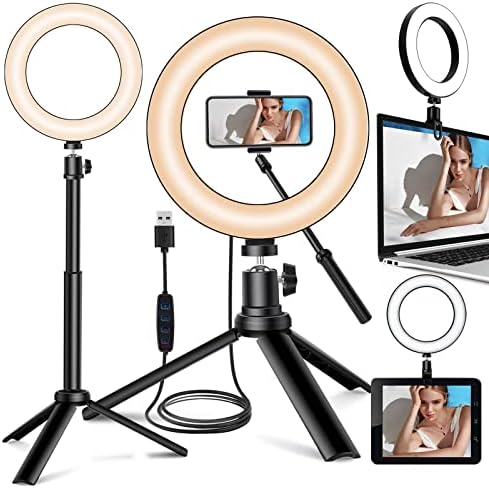 Selfie Ring Light for Zoom Meeting, Dimmable Desktop LED Circle Light with Tripod Stand, 6'' Lighting Kit Gifts for Live Streaming/Laptop Video Conference/Makeup/YouTube/Vlog/Video Recording
