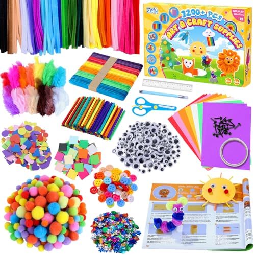 Zefy 3200+ Pcs Arts and Crafts Supplies for Kids, All in One Craft Kit with 12 Crafts Design, DIY School Supplies Kit Christmas Gift Craft Box for Girls Boys Ages 4-12