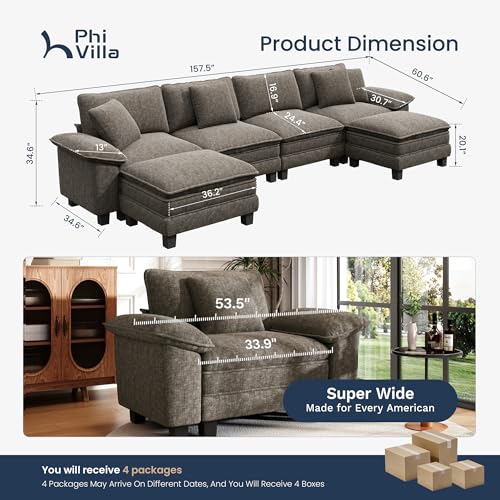 Image of PHI VILLA Cloud Modular Couch Sets, 157.5 inch Oversized Sectional Sofa with U-Shaped Chaise, 6-Seater Couches with Movable Ottomans for Living Room, Chenille Smoky Grey