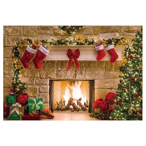 Funnytree 7x5ft Christmas Fireplace Backdrop Interior Vintage Xmas Tree Stockings Photography Background Portrait Photobooth Party Banner Decorations Photo Studio Props Cover