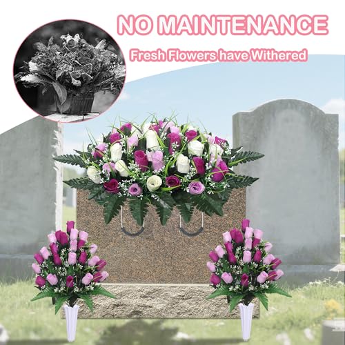 Lodou Artificial Cemetery Flower Saddles for Graves, Cemetery Memorial Flowers with Vase and 2 Memorial Bouquets for Grave Tombstone,Outdoor Grave Saddle Headstone Decorations (Pur image 5