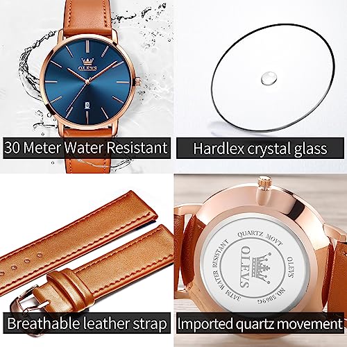 Image of OLEVS Mens Watches Minimalist Ultra Thin Fashion Casual Analog Quartz Date Watch Waterproof Slim Simple Big Face Dress Wrist Watch with Retro Leather Band for Men