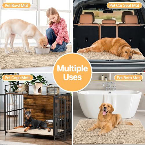 Image of Absorbent Dog Door Mat for Muddy Paws, 72 inch x 24 inch Chenille Indoor Mats for Entryway, Trap Dirt Front Door Mat Indoor Entrance Washable Non Slip Soft Beige