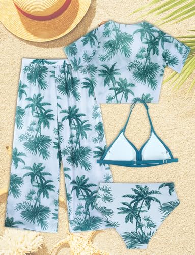Image of Happy Cherry Girl's 4PCS Swimsuits Tropical Print Halter Bikini Set Bathing Suits with Kimono and Cover Up Pant Boho Swimwear