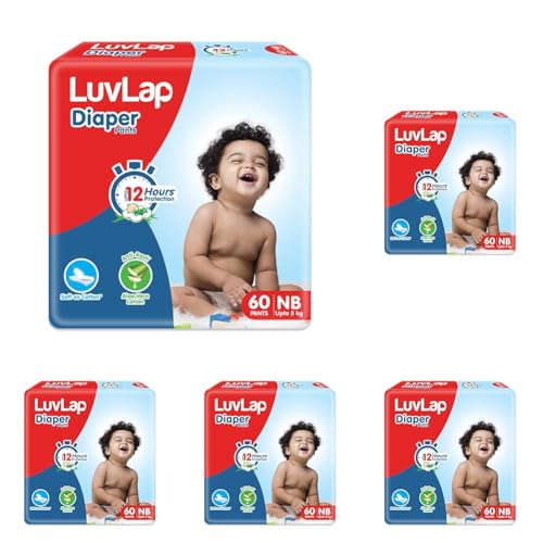 Image of LuvLap Baby Diaper Pants New Born Size (NB), with Aloe Vera Lotion for rash protection, Pack of 300 Count, with upto 12Hr protection For babies of Upto 5Kg, Extra Small (XS)