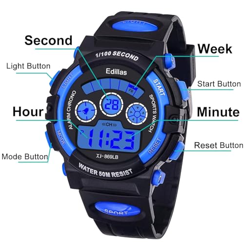 edillas kids watches boys digital 7 colors led lights 50m waterproof wristwatches for children students teenagers sport outdoor multifunctional with stopwatchalarm ages 7-15