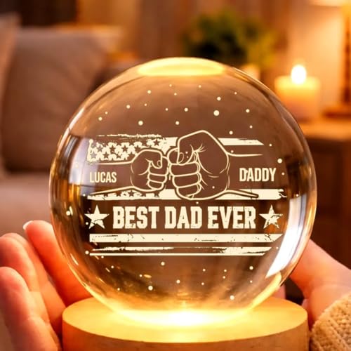 Image of Personalized Crystal Ball Night Light, Fathers Day Gift for Dad, Custom Dad Grandpa Kids Holding Hands Gift, Grandpa Gift, Daddy Birthday Gift