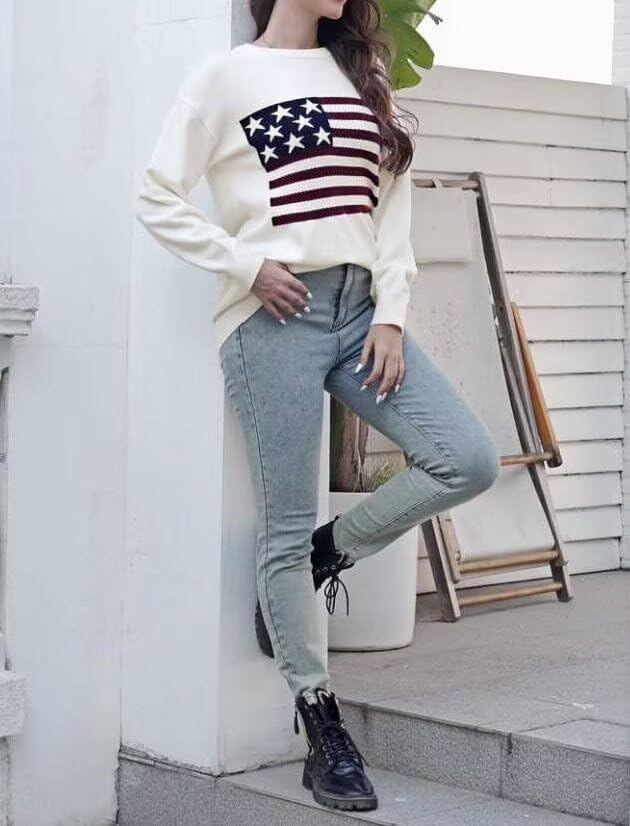 Image of Dressmine Womens American Flag Sweater Knit Long Sleeve Crew Neck Graphic Elegant Soft Loose Pullover