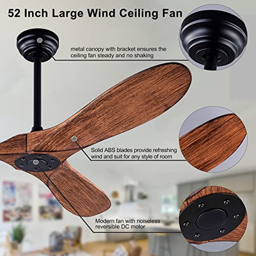 Qutwob 52" Ceiling Fan With Remote Control No Lights,Modern Reversible Dc Motor Indoor Outdoor 3 Blades Ceiling Fans For Patio Bedroom Living Room(Black+Dark Walnut) #TOP5