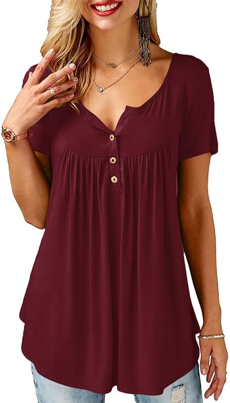 Ritiriko Tunika Damen V-Ausschnitt Button Up Front plissiert Mode Damen Shirt lose lässige Kurze Ärmel T Shirt Datum rot L
