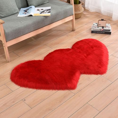 ZuTKekon Faux Fur Sheepskin Small Area Rugs Fluffy Seat Pad Double Hearts Shaped Carpets, 24x35 Inches Luxurious Wool Foot Mats Home Decor for Nursery