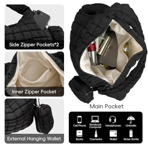 Image of Puffer Tote Bag for Women, Large Quilted Puffer Bag with Pouch, Puffy Quilted Hobo Bag, Puff Crossbody Purse