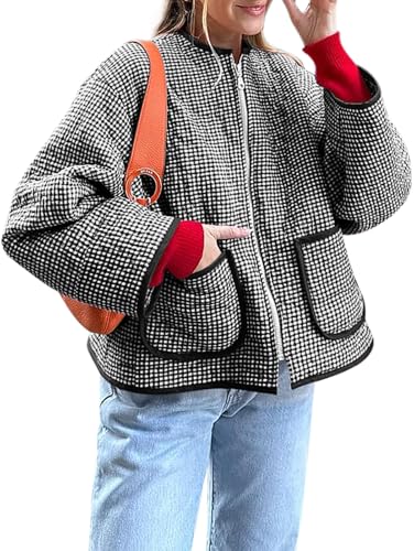 Yousify Fall Jackets for Women 2024 Trendy Oversized Zip Up Jacket Cute Plaid Down Coats Black S