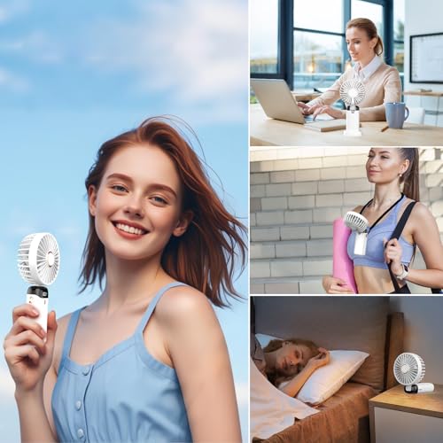 Image of Rechargeable Portable Handheld Fan,3000mAh Battery Operated Mini Fan,5 Speeds and LED Display,Long Lasting Desk Fan for Office,Bedroom,Outdoor Activities and Travel (White)
