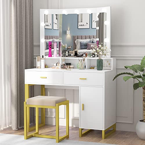Pakasept Vanity Set With Lights, Makeup Vanity Desk With Tri-Fold Mirror, Dresser Table With 2 Drawer And Storage Cabinet, Cushioned Stool For Women Girls White #TOP11