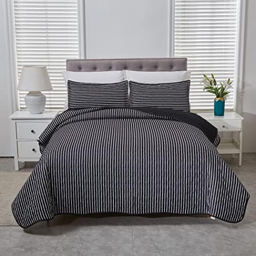LAMEJOR Quilt Set Queen Size Black/White Reversible Striped Pattern 3-Piece Lightweight Bedspread Coverlet Comforter Set Microfiber