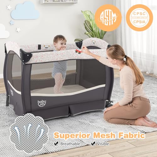 Image of BABY JOY 4 in 1 Pack and Play, Portable Baby Playard with Bassinet & Flip-Away Changing Table, Canopy, Portable Bedside Crib with Storage Basket, Infant Bassinet from Newborn to Toddlers (Floral)
